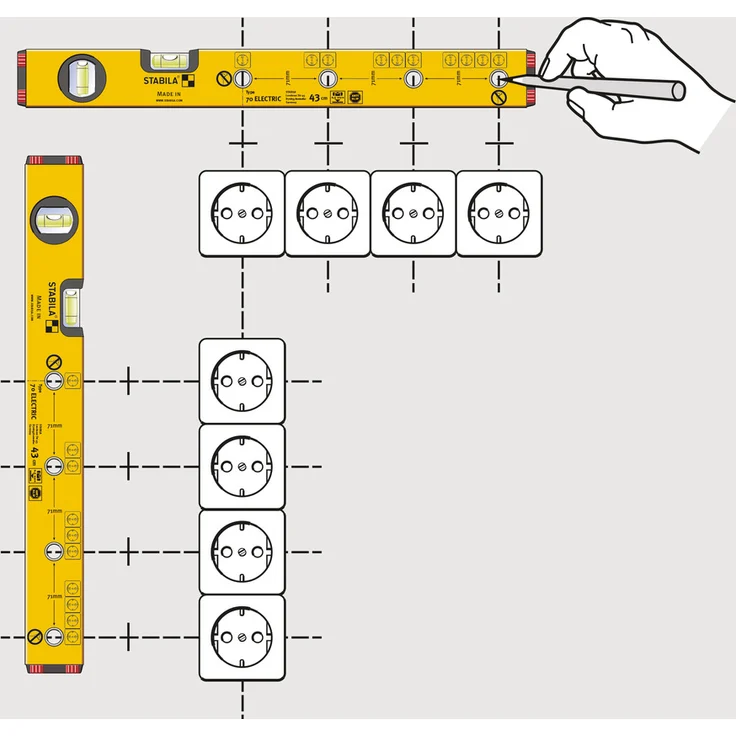 STABILA Elektriker-Wasserwaage Type 70 Electric, 43 cm, leichtes Alu-Profil, 1 Horizontal-Libelle, 1 Vertikal-Libelle, Markierlöcher, Made in Germany – Bild 2
