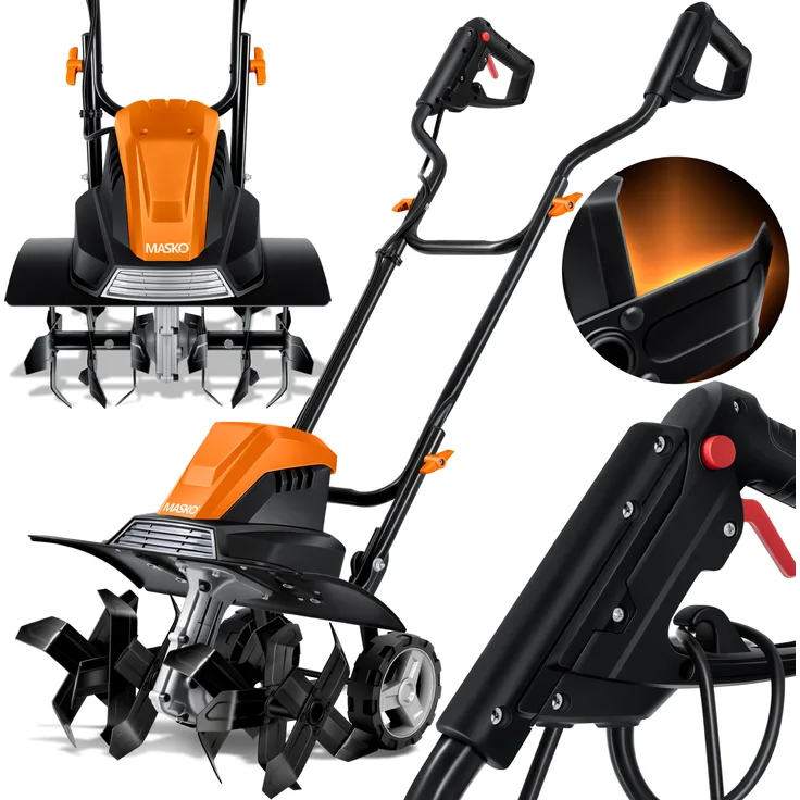 MASKO elektrische Motorhacke 1500 Watt, 20cm Arbeitstiefe, klappbarer Handgriff, Metallgehäuse, Transporträder Orange - 45cm Arbeitsbreite