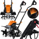 MASKO elektrische Motorhacke 1500 Watt, 20cm Arbeitstiefe, klappbarer Handgriff, Metallgehäuse, Transporträder Orange - 45cm Arbeitsbreite