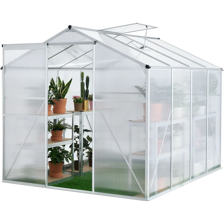 Juskys Aluminium Gewächshaus mit Fundament für Garten 4,75 qm 190 × 253 cm 1 Dachfenster und Schiebetür 4 mm Platten Juskys grau/silber Stahl – Bild 7