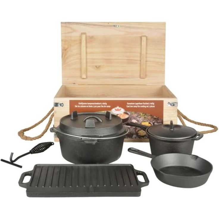 Esschert Design Dutch oven Set 7teilig aus Gusseisen, Paulownienholz und Juteseil, 28,9 x 28,0 x 15,8 cm – Bild 1