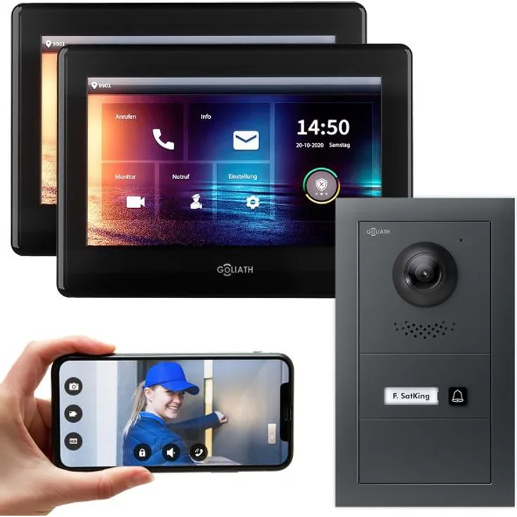 GOLIATH 2-Draht modulare Video Türsprechanlage Aufputz Set für 1 Familienhaus Anthrazit 2x 7 Monitor Schwarz