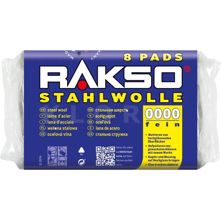 RAKSO Stahlwolle extrafein 0000 poliert gewachstes Holz, Kupfer, Messing 8 Pads