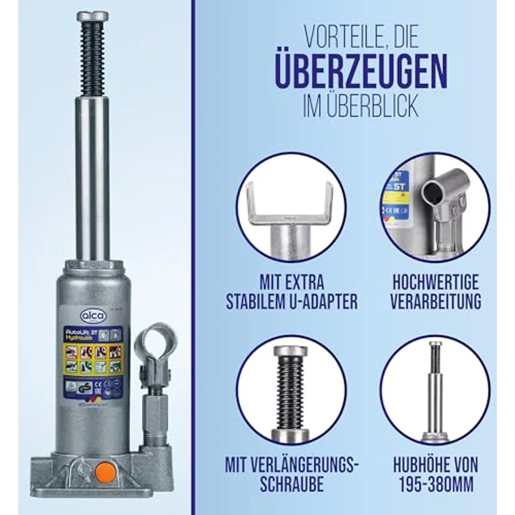 alca® hydraulischer Wagenheber 3t mit U-Adapter, Stempelwagenheber aus Stahl, Hubhöhe 195–380 mm, stabiler Autoheber für PKW, SUV, Transporter, silber-graue Optik, schont empfindliche Fahrzeugteile – Bild 6