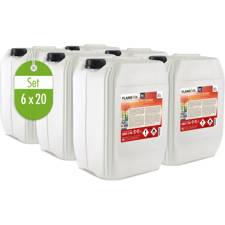 Höfer Chemie 6x 20 L FLAMBIOL® Bioethanol 100% Hochrein, geruchsfreie Verbrennung, bläuliche Flamme