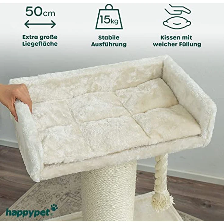 HAPPYPET Kratzbaum stabil 103 cm für große Katzen | Premium Qualität | 18 cm Sisalstämme mit 8 mm dickem Sisalseil | 600g Plüsch | Kratzbaum klein für schwere Main Coon | E1 Zertifiziert – Bild 3