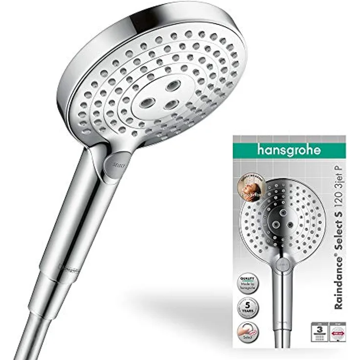 hansgrohe wassersparender Duschkopf Raindance Select S, Sparduschkopf, Duschbrause 120mm mit 3 Strahlarten inkl. PowderRain, Chrom