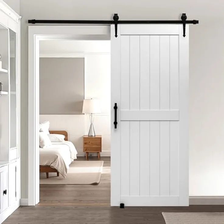 VEVOR Scheunentür im Scheunenstil, 914 x 2134 mm, MDF mit wasserfester PVC-Oberfläche, H-Rahmen, weiß, inkl. Hardware-Kit für Wohnzimmer und Badezimmer