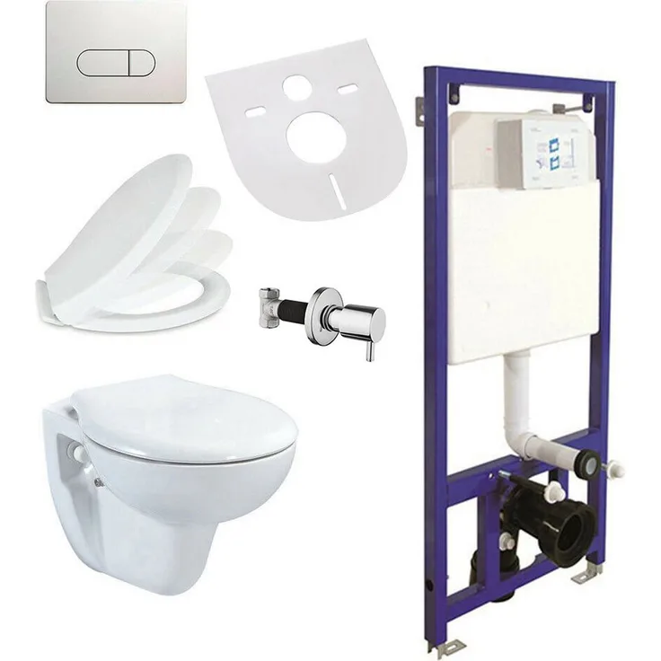 Belvit Tiefspül-WC BV-EW4001Komplett, wandhängend, Abgang waagerecht, Hygienedusche/Taharet, edles Design, Softclose Deckel, Keramik, ca. 35 Kg