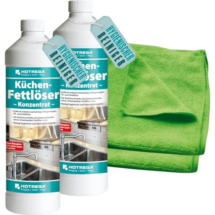 HOTREGA® Küchen Fettlöser 1L, intensiver Fettreiniger mit 2 Microfasertüchern in grün – Bild 1