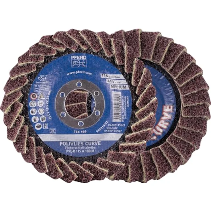 PFERD Polivlies PVL-R, gebogene Fächerscheibe 11,4 cm x 2,2 cm, mittlere Körnung, Aluminiumoxid für präzise Oberflächenbehandlung – Bild 1