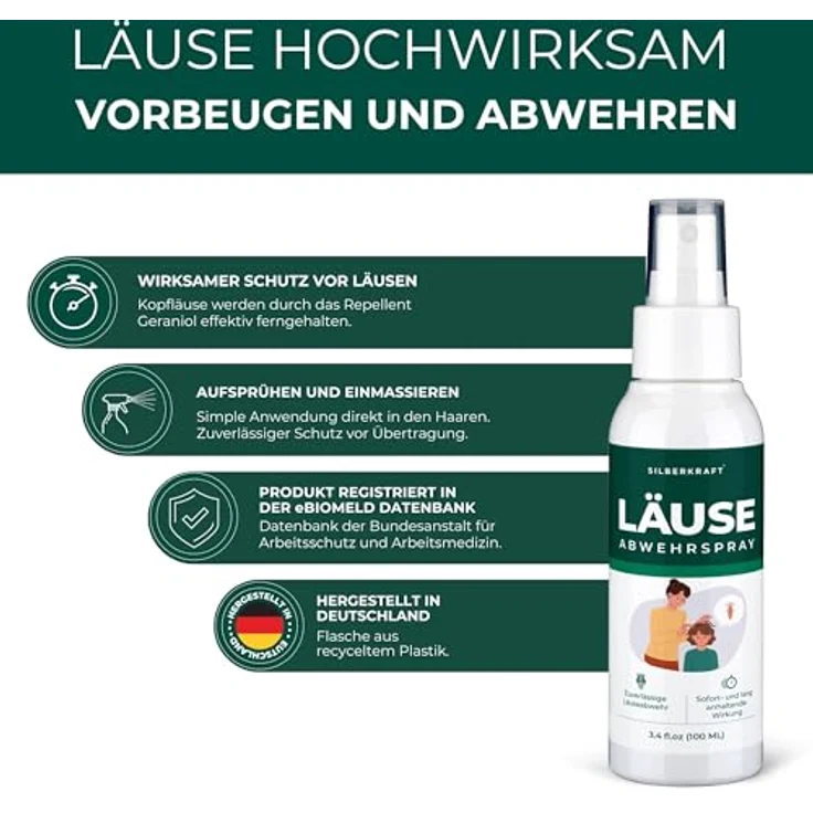 Silberkraft Kopfläusespray, Effektiver Läuseschutz für Kinder, 100 ml, mit Geraniol, dermatologisch getestet – Bild 6