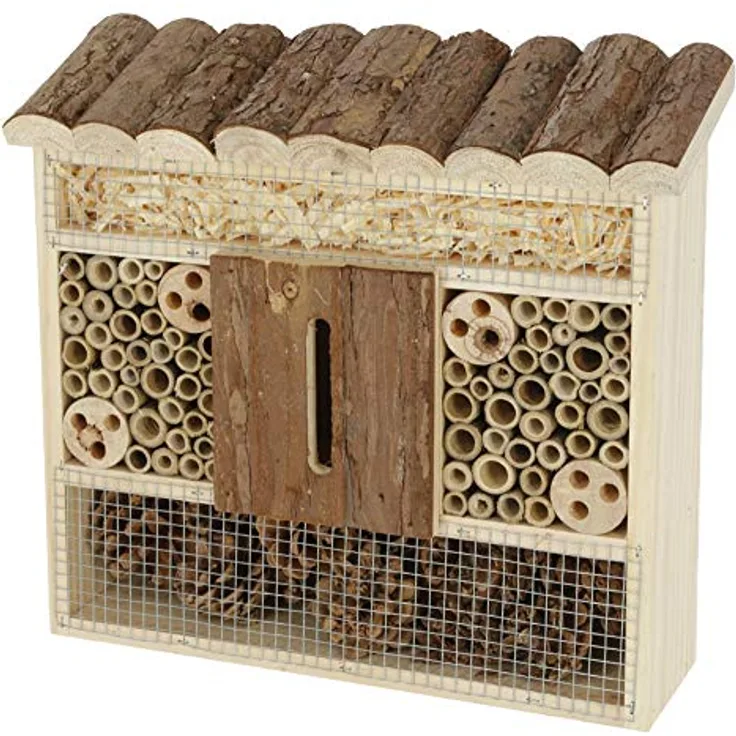 Kerbl Insektenschutzhaus (Größe 29x8x28 cm, aus naturbelassenem Holz, Nist-/Überwinterungshilfe für Insekten, Kammern mit verschiedenen Materialen, hohle Zweige, Holzspäne usw.) 82987