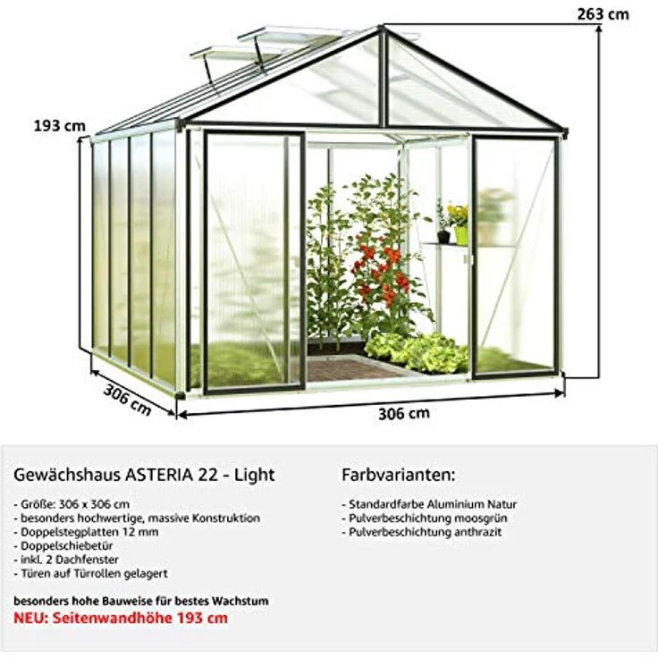 GFP Gewächshaus Asteria 22 Light 311x311 cm mit integriertem Fundament 12 mm Doppelstegplatten, Farbe Anthrazit - Made in Austria – Bild 3