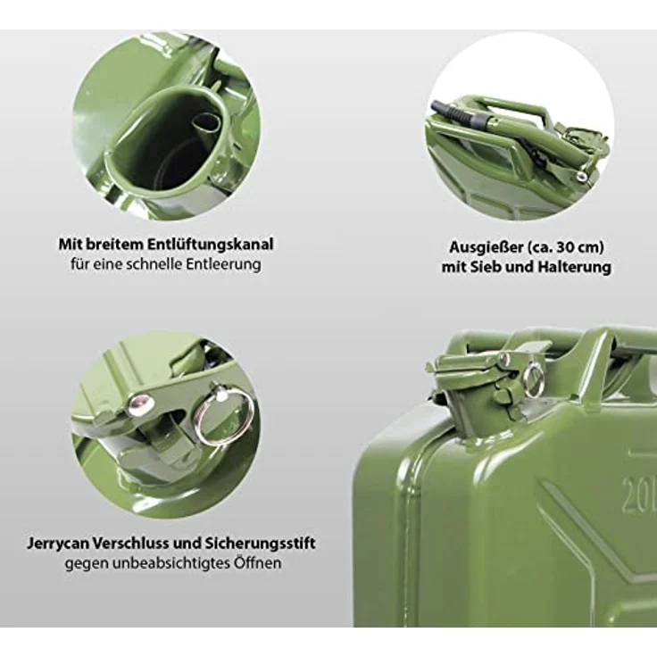 Baumarktplus Benzinkanister Kraftstoffkanister Metall 20 Liter Oliv inkl. Ausgießer + Halter – Bild 5