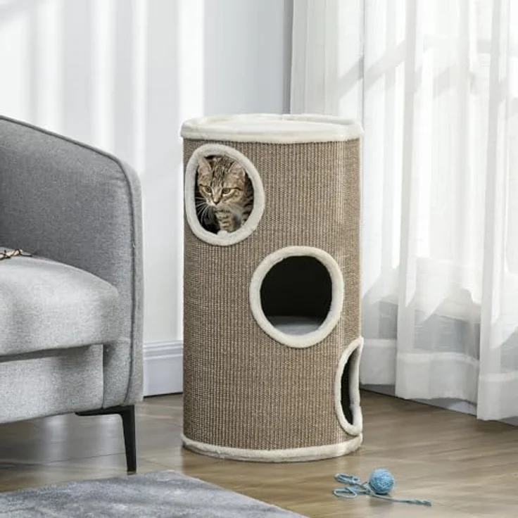 PawHut Kratztonne, Höhe 70 cm, Katzenkratzbaum mit 3 Ebenen, 3 Höhlen, Sisal, Plüsch, Braun – Bild 2
