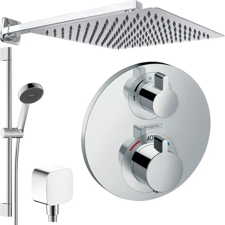 Hansgrohe Ecostat S Thermostat Unterputz-Duschsystem mit Jowi Kopfbrause, chrom, 650mm Brausestange, 2 Strahlarten