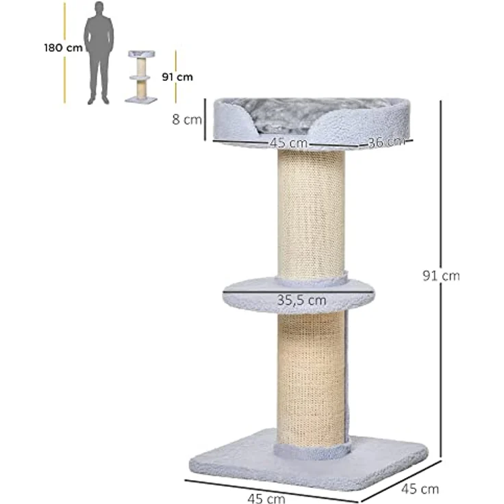 PawHut Katzenbaum Spielbaum Kratzstamm mit Plattform Sisal E1 Spanplatte Plüsch Hellblau 45 x 45 x 91 cm – Bild 3