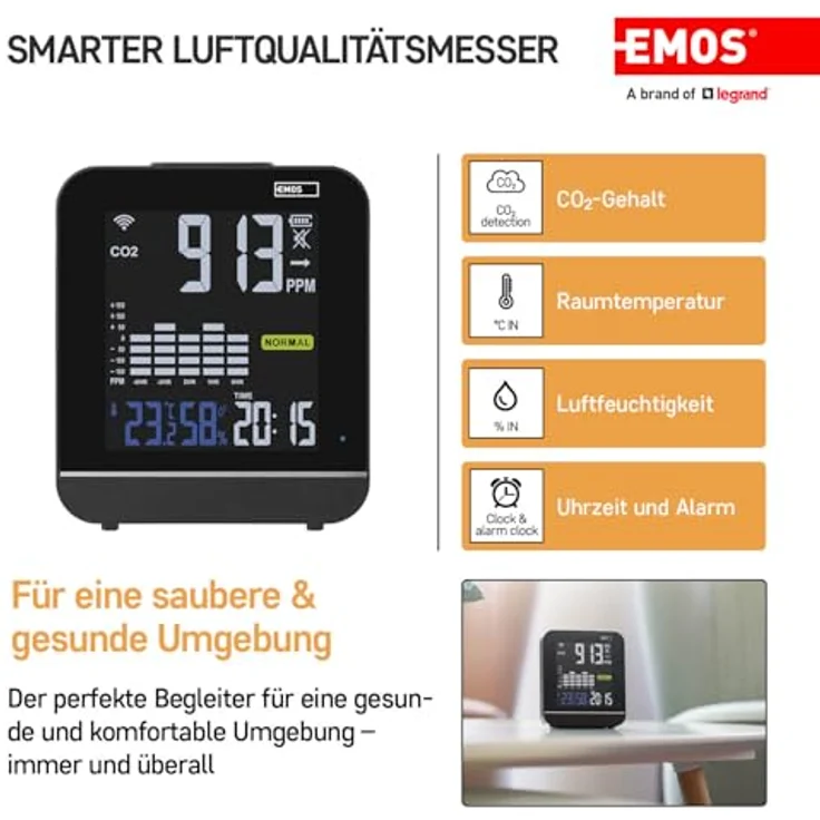 EMOS GoSmart E30300, Smart Home Luftqualitätsmonitor mit Farbdisplay, CO2-, Temperatur- und Feuchtigkeitssensor, WiFi, USB-C Stromversorgung, TUYA & SmartLife kompatibel, schwarz – Bild 2