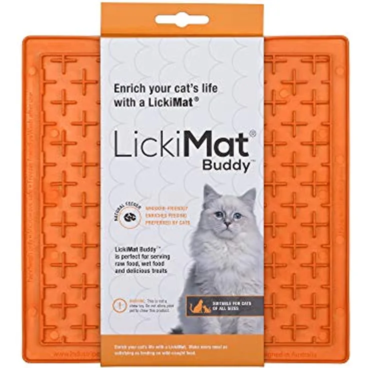 Lickimat Classic Buddy, Katzenfutterstation für langsame Katzen, Joghurt oder Erdnussbutter; lustige Alternative zu einem Futternapf oder Schale, Orange