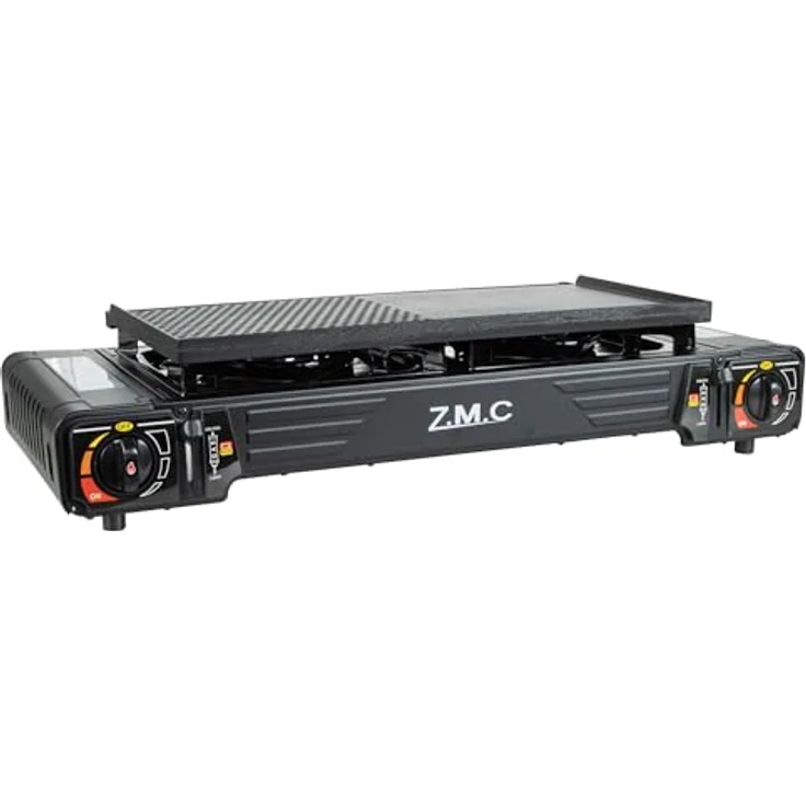 Z.M.C PREMIUM Camping Gaskocher 2-flammig + Grillplatte 45x24 cm + 16 Gaskartuschen 227g, mit Zündsicherung und Piezozündung, Edelstahl (Silber) – Bild 2