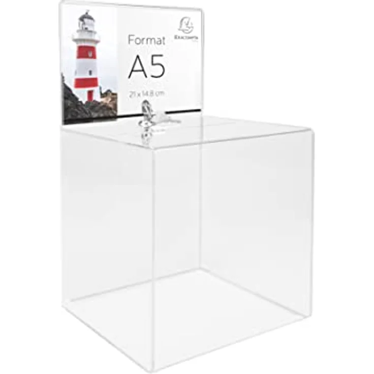 Exacompta 89258D Losbox mit Deckel, abschließbar für Ihre Wettbewerbe, Tombolas, Wahlen oder Ideenbox mit A5-Plakat aus durchsichtigem Acryl, Urne, Spendenbox, 21 x 21 x 21 cm – Bild 5