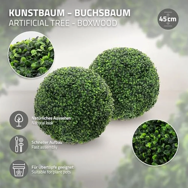 ML-Design 2er Set Künstliche Buchsbaumkugel groß Ø45 cm, UV-beständige Kunstpflanze, Pflegeleichte Deko für Wohnzimmer, Büro & Garten – Bild 2