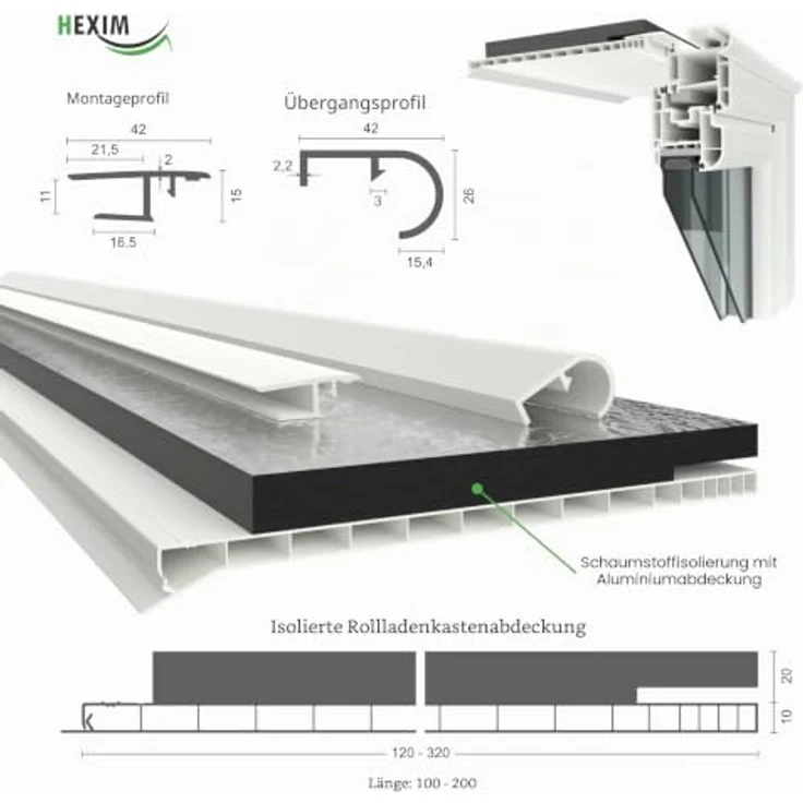 HEXIM PVC Rollladenkastendeckel Komplettset, Modell RVK120, 1000-2000mm Länge, 120-320mm Breite, weiß, mit hochwertiger Dämmung und Revisionsklappe (120mm x 1,2 Meter) – Bild 3