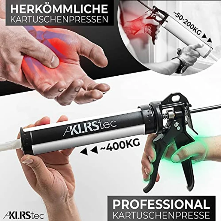 KLRStec Kartuschenpistole - Kartuschenpresse mit maximaler 25:1 Übersetzung - Profi 4K Kartuschenpistole für alle gängigen 150-300ml Dicht- und Klebstoff-Kartuschen, Silikon, Acryl, Mörtel etc. - Preisvergleich – Bild 4
