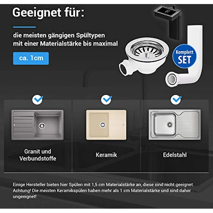 VIOKS Ablaufgarnitur Spüle mit Siebkorbventil 114mm & Abtropf-Überlauf für Spüle/Spüle Küche Ablaufgarnitur mit Sieb für Spülbecken – Bild 2