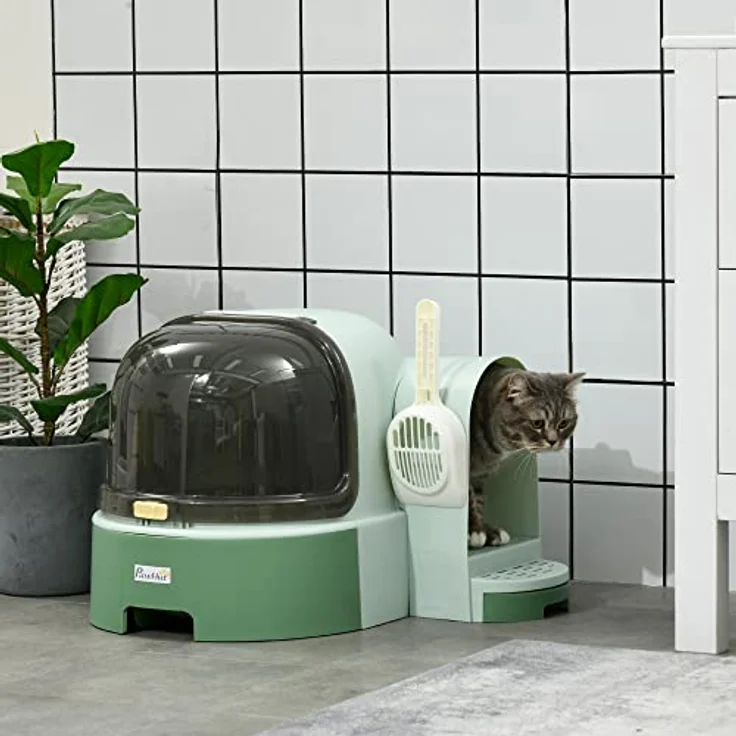 PawHut Katzentoilette, Katzenhaus, Katzenklo inklusive Schaufel, 2 Herausziehbarer Bodenwannen, Haube, Grün, 52 x 60 x 42 cm – Bild 2