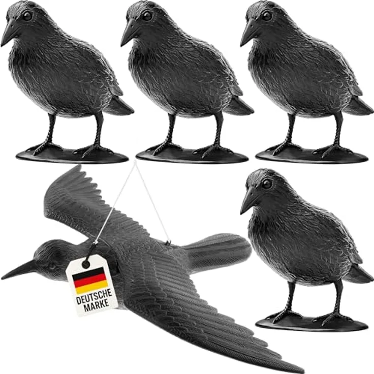 WELLGRO 5X Vogelschreck Krähe, Raben Attrappe zur Vogel- und Taubenabwehr, 1x fliegend und 4x sitzend, schwarz, wetterfest und langlebig aus Kunststoff für Balkon & Garten