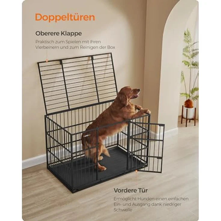 Feandrea Hundekäfig hochbelastbar, Hundebox, 122 x 75 x 80 cm, tintenschwarz, für große Hunde, Doppeltüren, leicht zu reinigen – Bild 5