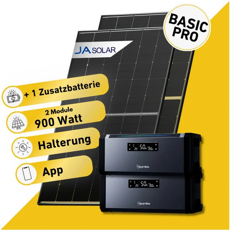Balkonstrom Balkonkraftwerk Basic Pro 900W, Komplettset mit 2x 450W bifazialen JA Solarmodulen, Hoymiles HiBattery 1920 AC, Halterung für Dach, Fassade, Balkon & Garagen