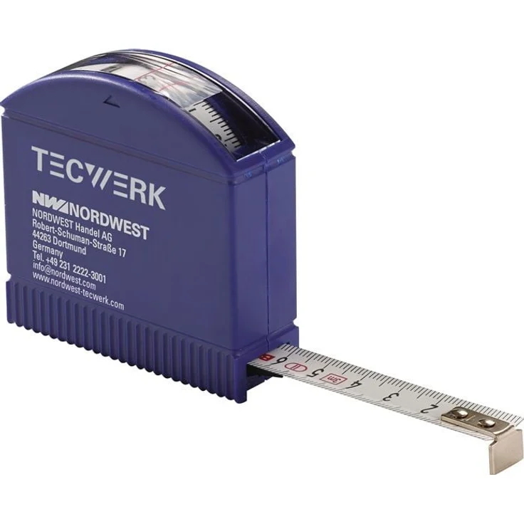 NORDWEST TECWERK Taschenrollbandmaß L.3m B.13mm, Stahlband mit Sichtfenster und Lupeneffekt, EG II Genauigkeit