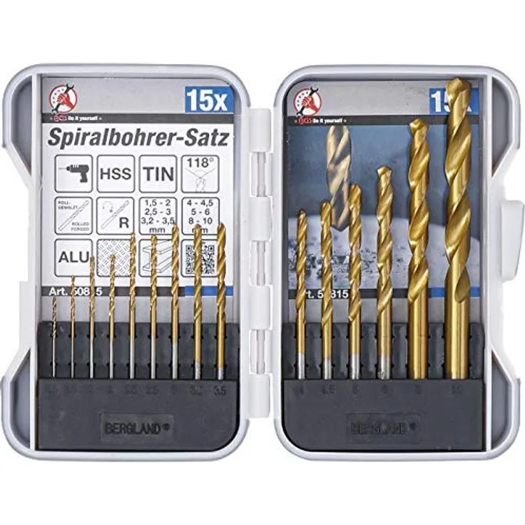 BGS Do it yourself HSS-Spiralbohrer-Satz 15-tlg., titan-nitriert, Ø 1,5-10 mm, inkl. Kunststoff-Kassette