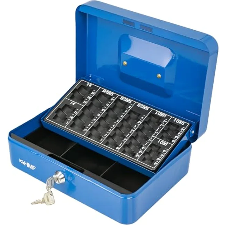 HMF 10022-05 Geldkassette abschließbar mit Münzzählbrett | 25 x 18 x 9 cm | Blau, Sicherheitszylinderschloss und herausnehmbarer Münzeinsatz