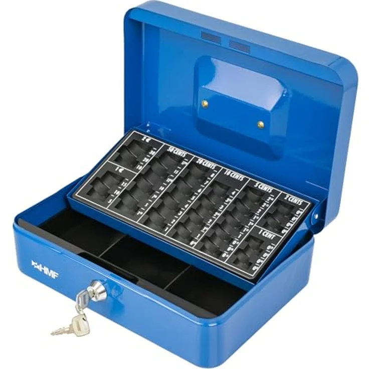 HMF 10022-05 Geldkassette abschließbar mit Münzzählbrett | 25 x 18 x 9 cm | Blau, Sicherheitszylinderschloss und herausnehmbarer Münzeinsatz – Bild 1