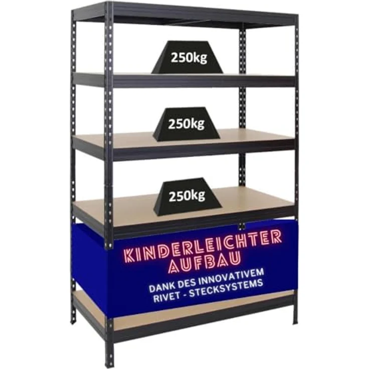 Proregal Schwerlastregal Rivet, 180 x 120 x 60 cm, Traglast 250 kg pro Boden, 5 verstellbare MDF-Böden, Stecksystem, Schwarz – Bild 1