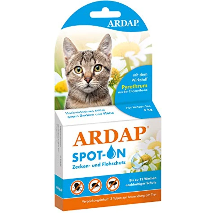 ARDAP Spot On für Katzen bis 4kg - Natürlicher Wirkstoff - Zeckenmittel für Katzen, Flohmittel Katzen, Zeckenschutz Katze - 3 Tuben je 0,4ml - Bis zu 12 Wochen nachhaltiger Langzeitschutz – Bild 1