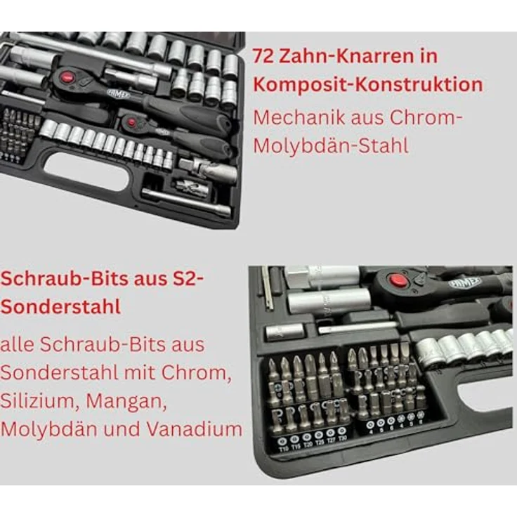 Famex 744-47 Werkzeugkoffer, gefüllt mit hochwertigem Werkzeug-Set und Steckschlüsselsatz, Aluminium-Design, robuster Koffer aus CV-Stahl – Bild 5