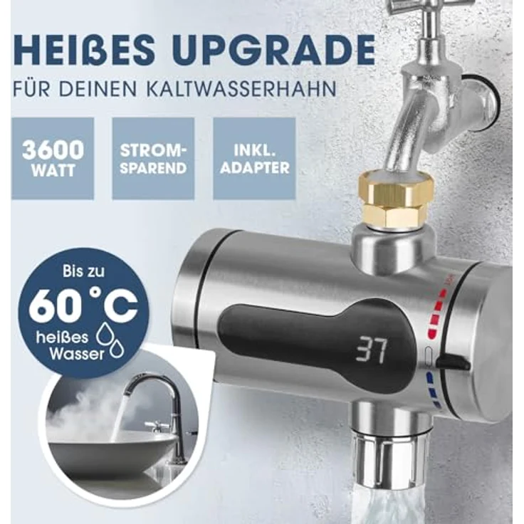 MAXXMEE Durchlauferhitzer 3000–3600 W | Elektrischer Edelstahl-Wasserhahn für sofort heißes Wasser bis 60° | Ideal für Garten, Werkstatt, Camping | IPX4 spritzwassergeschützt – Bild 2