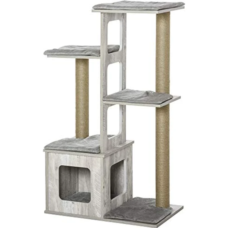 PawHut Kratzbaum aus Holz Katzenbaum Groß, Katzenkratzbaum mit Katzenhaus, Katzenmöbel mit Mehrstöckigem Katzen Aktivitätszentrum Jute Plüsch Grau 67 x 38,5 x 114 cm – Bild 1