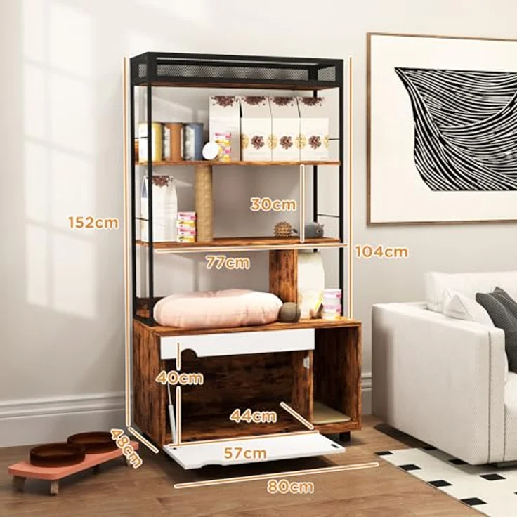 PawHut Tierhaus 2-in-1 mit 3-Ebenen-Regal, Kratzpfosten und Klapptür für Katzen bis 6 kg, Rustikal-Braun, 80 x 48 x 152 cm – Bild 3