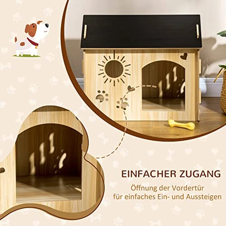 PawHut Hundehütte aus Holz Kleintierhaus mit Lüftungsöffnungen Hundehaus mit Dach Hundehöhle Indoor MDF Eiche+Schwarz 69 x 50 x 58,5 cm – Bild 5