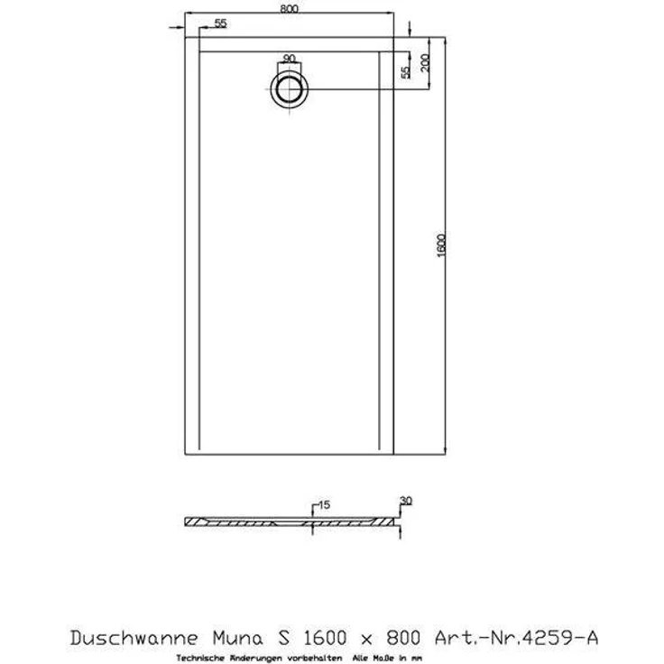 Hoesch Mineralguss-Duschwanne Muna S 160x80x3cm, weiß, mit glänzender Oberfläche und mittigem Ablaufloch
