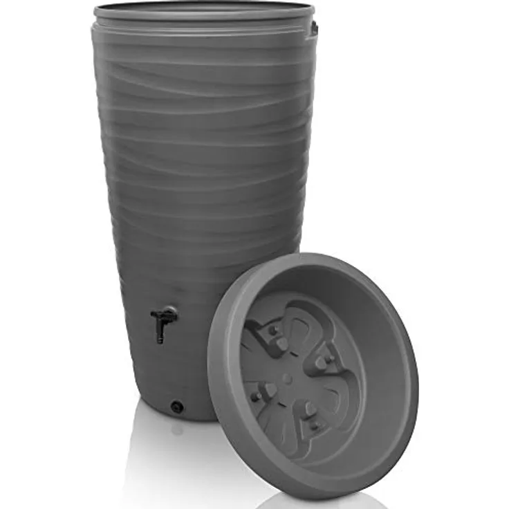 YourCasa Regentonne 240 Liter [Wave Design] Grau - Wasserfass mit 240 Liter Fassungsvermögen und bepflanzbarer Pflanzschale