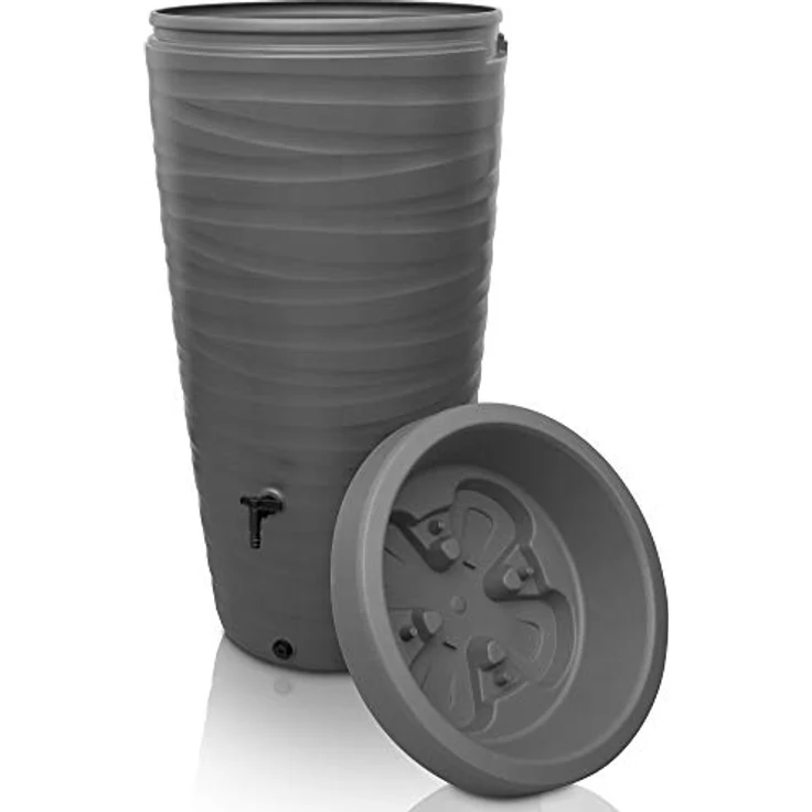 YourCasa Regentonne 240 Liter [Wave Design] Grau - Wasserfass mit 240 Liter Fassungsvermögen und bepflanzbarer Pflanzschale – Bild 1