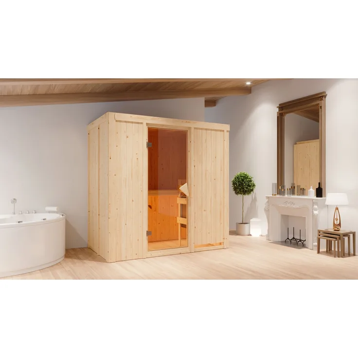Karibu Sauna Innensauna Variado 196x118x198 cm, Ofen 9 kW, integr. Strg, Fronteinstieg, ohne Dachkranz, Bronzierte Tür
