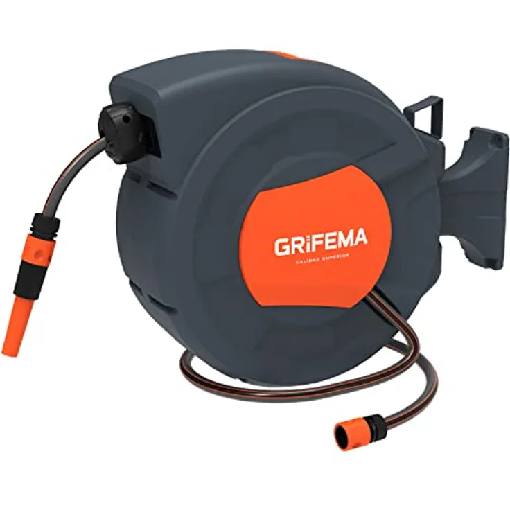 GRIFEMA G301-25, Wandmontage Schlauchtrommel mit 25m Schlauch, automatische Aufrollung, 180° drehbar, verstellbare Düse